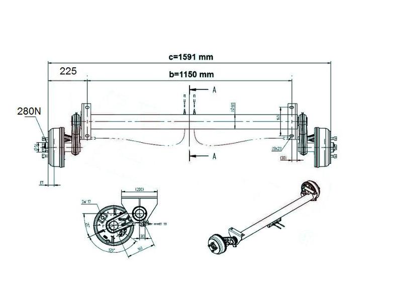Náprava KNOTT GB 13 (1350 kg) b=1150 mm 200x50 (112x5), Wasser, střední patky, (PV 1.3)