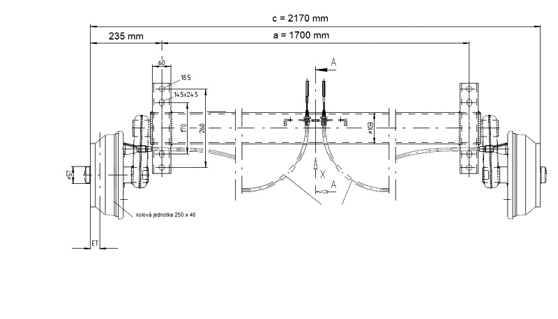 Náprava KNOTT GB 18 (1800 kg) b=1700 mm 250x40 (112x5), 25°