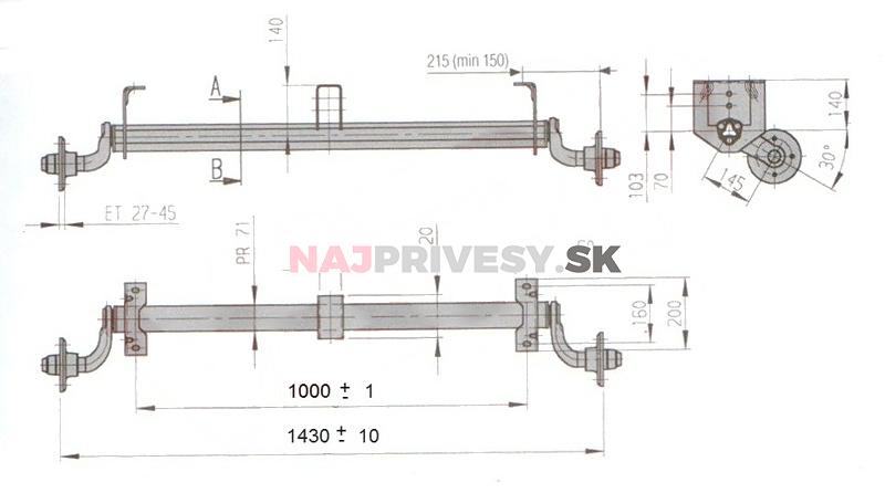 Náprava AL-KO UBR 700-5 (750 kg) a=1000 mm, 100x4, zvýšené patky,střed. držák