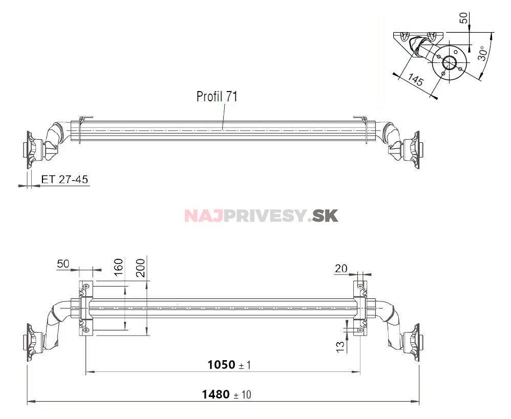 Náprava AL-KO UBR 700-5 (750 kg) a=1050 mm, 100x4, patky 50