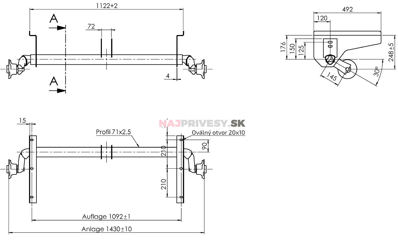 Náprava AL-KO UBR 700-5 (750 kg) a=1092 mm, 100x4, vysoké pätky (Pongratz)