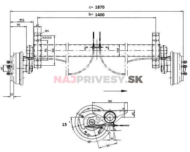 Náprava KNOTT GB 18 (1800 kg) b=1400 mm 250x40 (112x5) s prípravou pre tľmiče