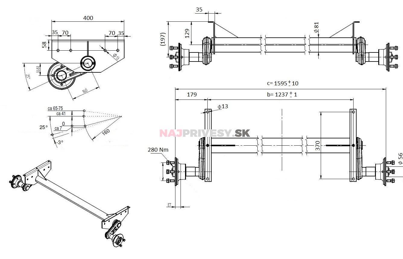 Náprava KNOTT G 13 (1300 kg) b = 1237 mm (100x4), vysoké pätky, (Vario / Rapid)