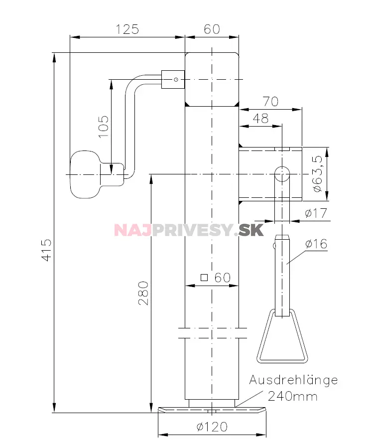 Oporná noha SF 60/19/280 s kľučkou (bez príruby)