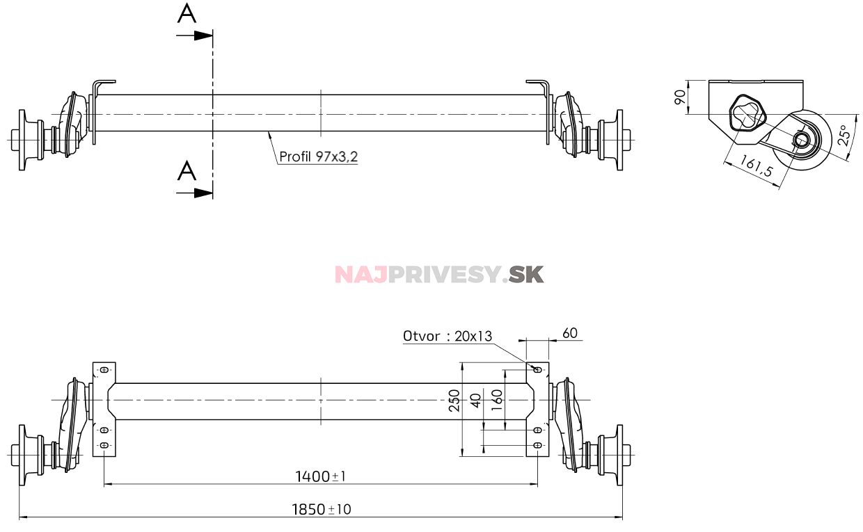 Náprava AL-KO Plus UBR 1200-5 (1300 kg) a = 1400 mm, 100x4, pätky 90