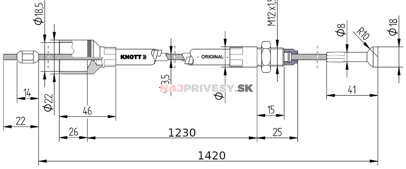 Lanovod brzdový KNOTT 1230/1420 mm rychlomont. (S šošovkou)