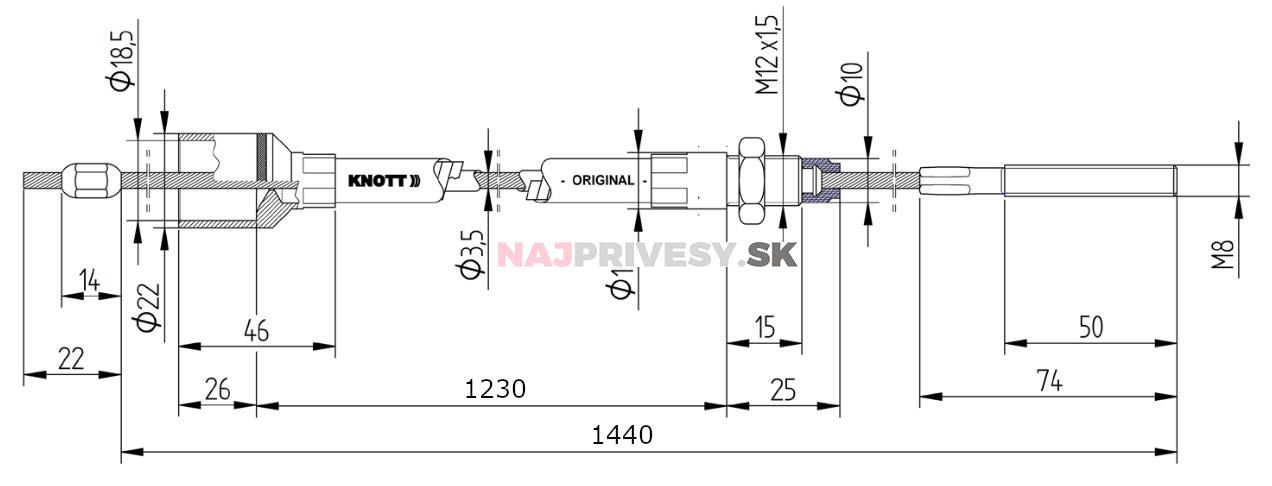 Brzdové lanko KNOTT 1230/1440 mm, závit M8