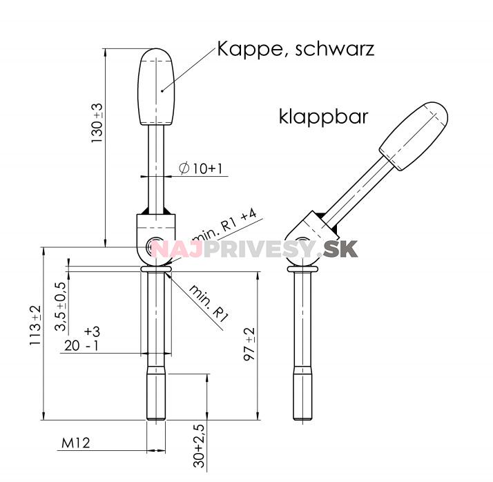 Kľučka držiaka oporného kolieska M12x100 mm (k držiaku 60 mm) sklopná