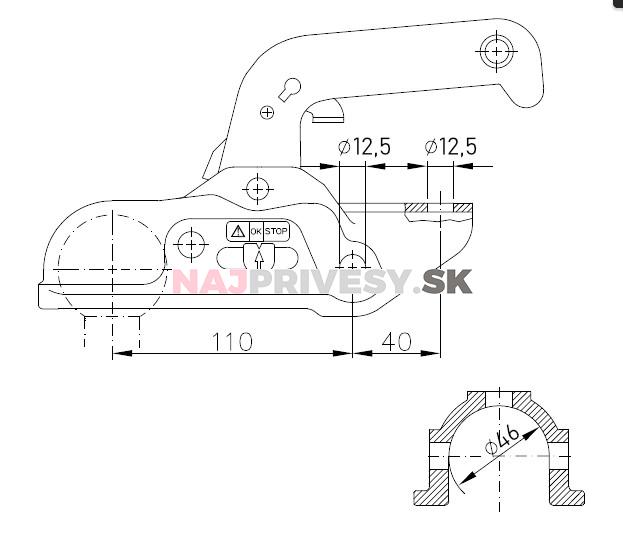 Ťažná spojka WW 30-D2 pr. 45 mm, 3000 kg, vrt. 12,5 mm