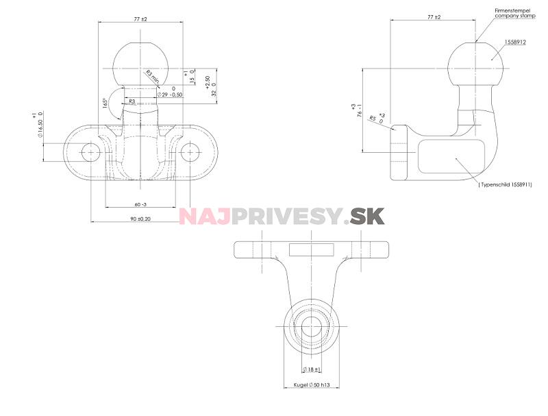 Guľa ISO 50 AL-KO UN 252 D EA 90, priemer. 50 mm, 3500 kg, príruba, vhodná pre stabilizátor