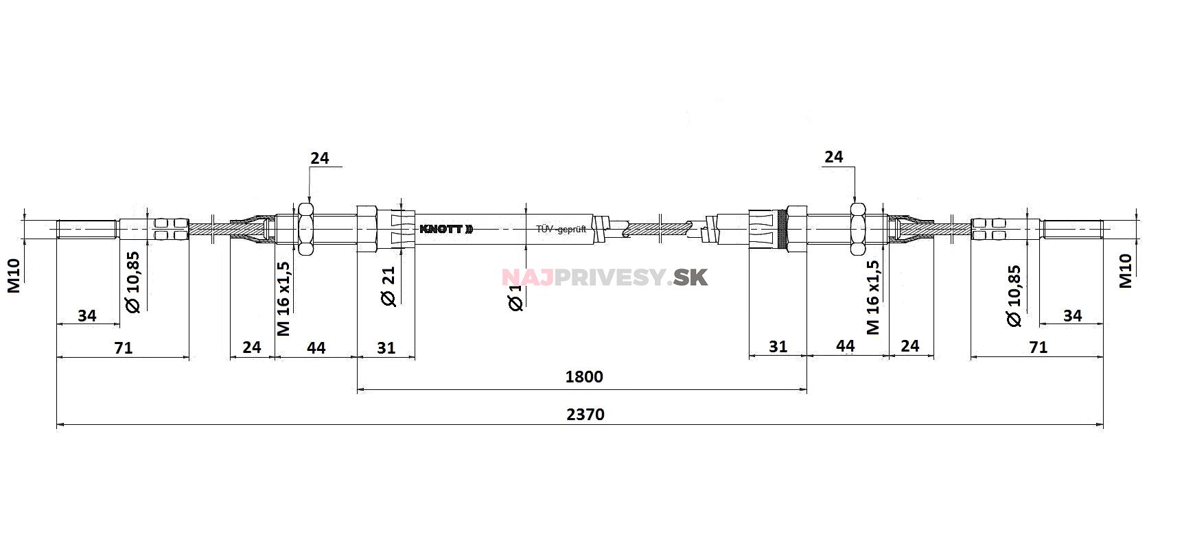 Lanovod brzdový pre KHV KNOTT 1800/2370 závit M10-M10