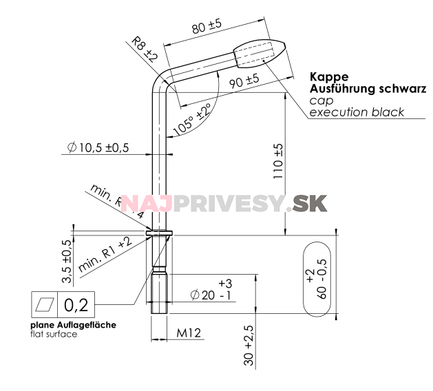 Kľučka držiaka oporného kolieska M12x60 mm (k držiaku 48 mm) predĺžená 150V/200V