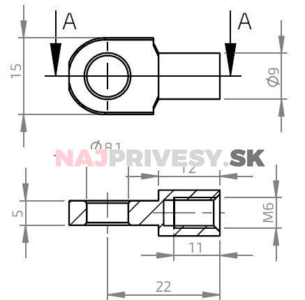 Oko k plynovej vzpere BM, priemer. 8,1mm, c=22mm, pre závit M6, oceľ