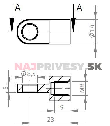 Oko k plynovej vzpere BM, priemer. 8,5mm, c=23mm, pre závit M8, oceľ