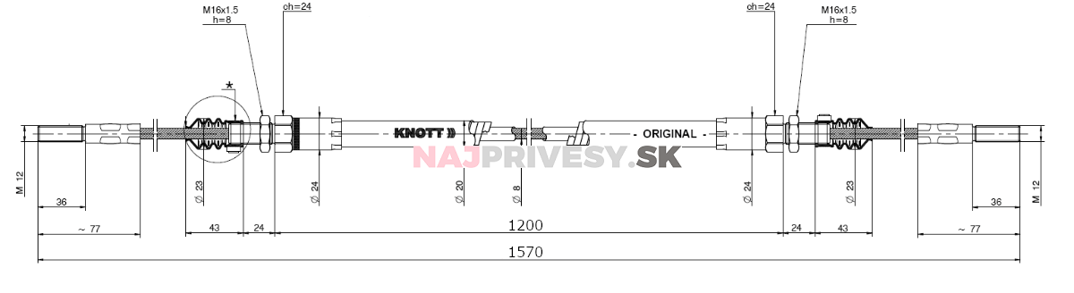 Lanovod brzdový pre KHV KNOTT 1200/1570 závit M12-M12