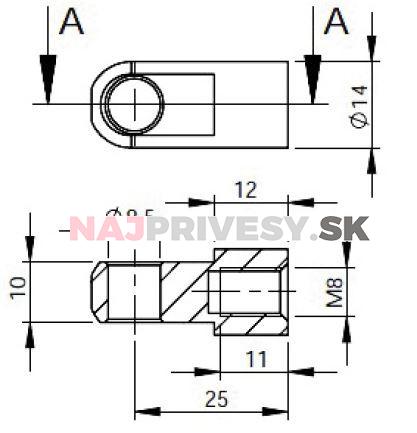 Oko k plynovej vzpere 23,5x15x10, otvor 8,1mm, pre závit M8
