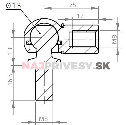 Guľový kĺb k plynovej vzpere BM, M8x16, c=25mm, pre závit M8, oceľ