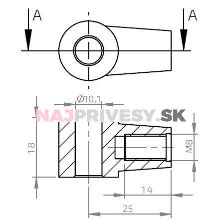 Oko k plynovej vzpere BM, priemer. 10,1x18mm, c=25mm, pre závit M8, zamak