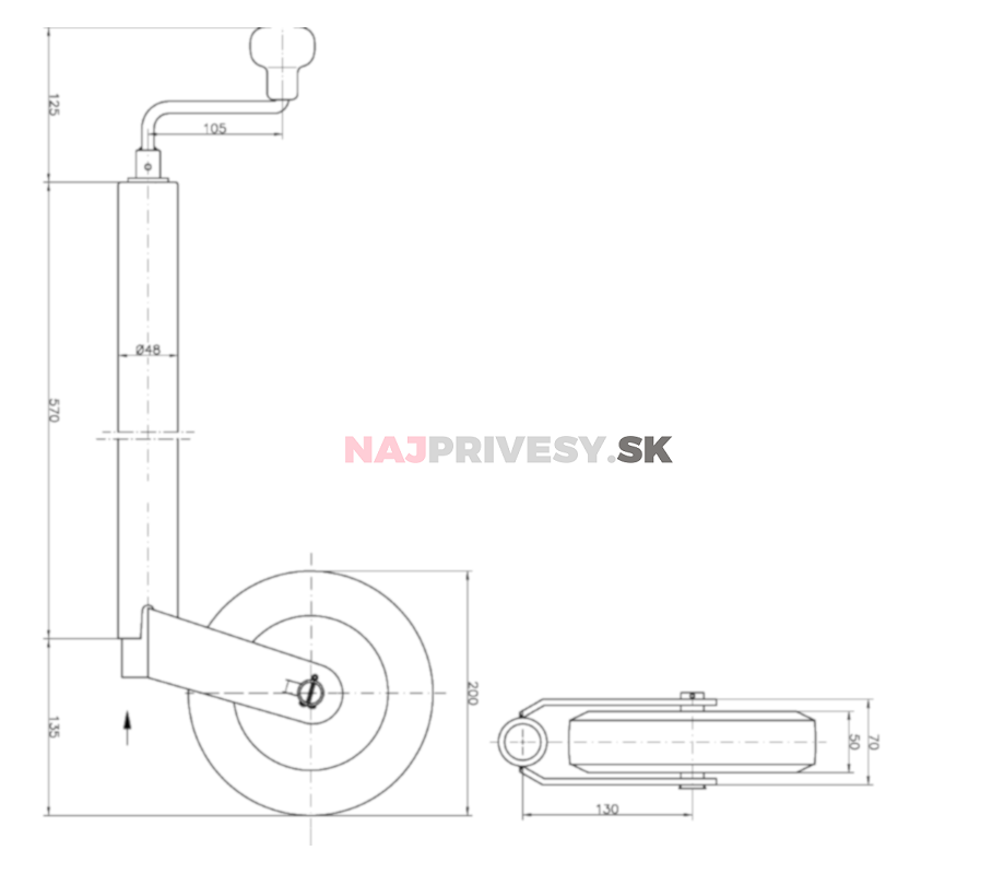 Koliesko oporné WW ST 48/200 V predĺžené (plastový disk) 150 k