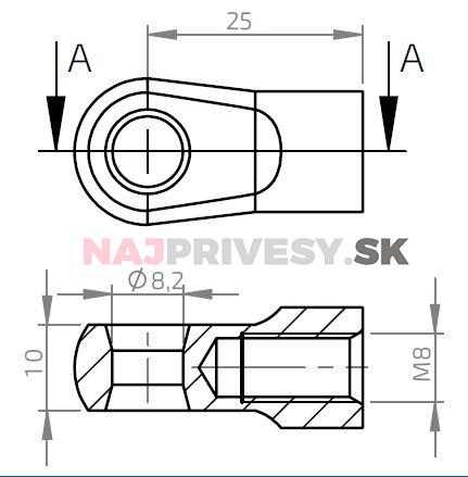 Oko k plynovej vzpere BM, priemer. 8,2x10mm, c=25mm, pre závit M8, zamak