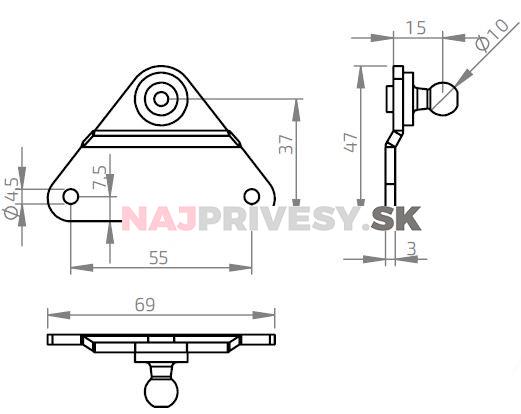 Konzola k plynovej vzpere vyhnutá 55x37mm, guľový čap pr. 10mm, oceľ