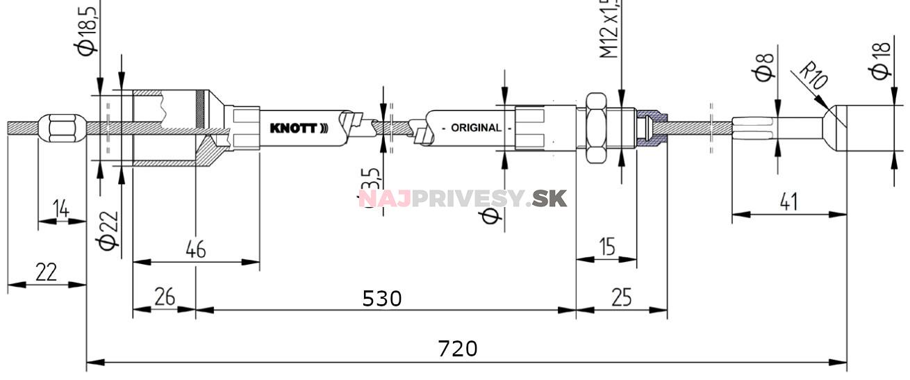 Lanovod brzdový KNOTT 530/720 mm rýchlomont. (so šošovkou)
