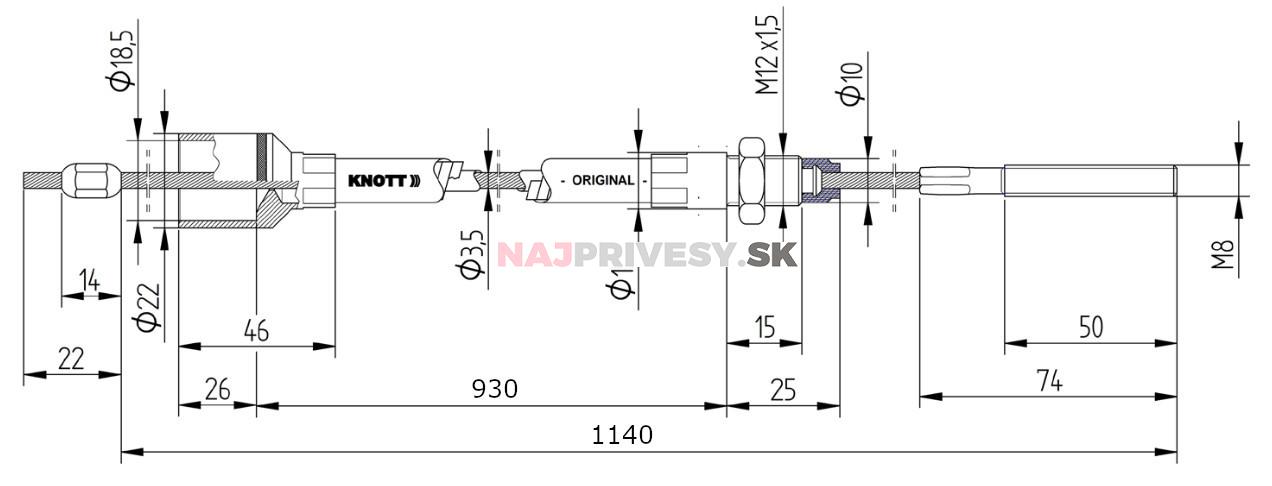 Lanovod brzdový KNOTT nerez 930/1140 mm, závit M8