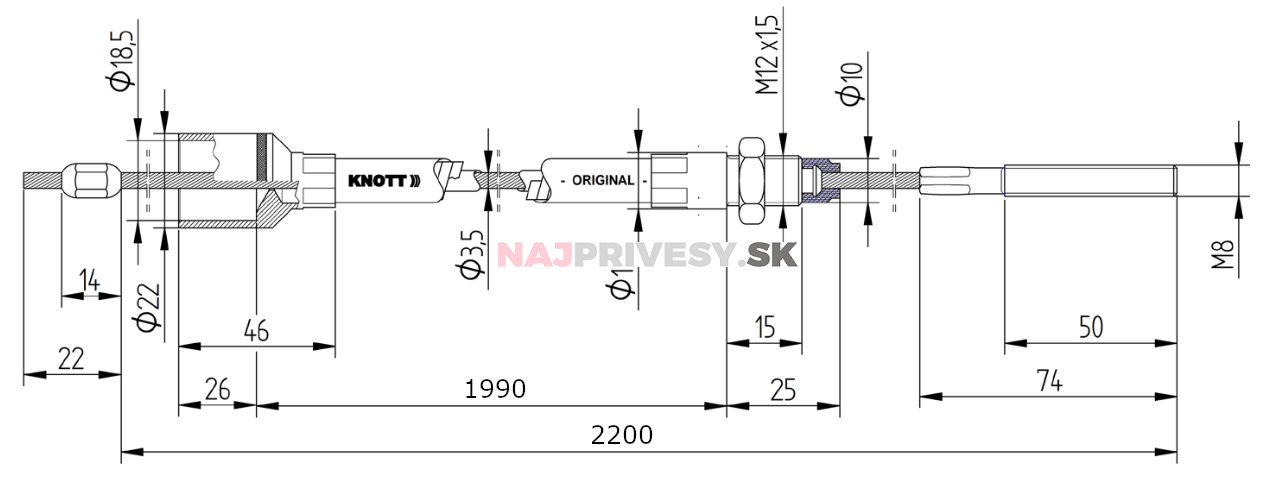 Lanovod brzdový KNOTT 1990/2200 mm, závit M8