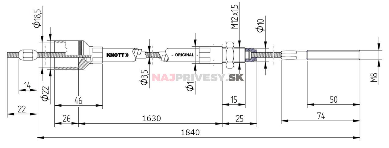 Lanovod brzdový KNOTT nerez 1630/1840 mm, závit M8