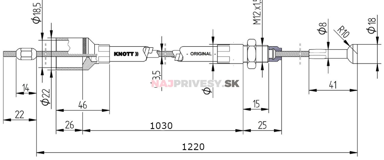 Lanovod brzdový KNOTT nerez 1030/1220 mm, rýchlomont. (so šošovkou)
