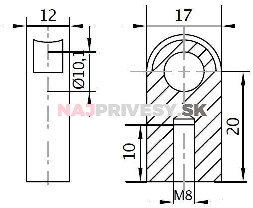 Oko k plynovej vzpere BM, priemer. 10,1mm, c=20mm, pre závit M8, oceľ