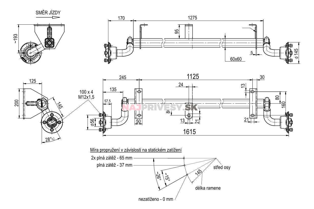 Náprava KNOTT VG 7-L (750 kg) b = 1125 mm (100x4), c = 1615, pätka 125 mm