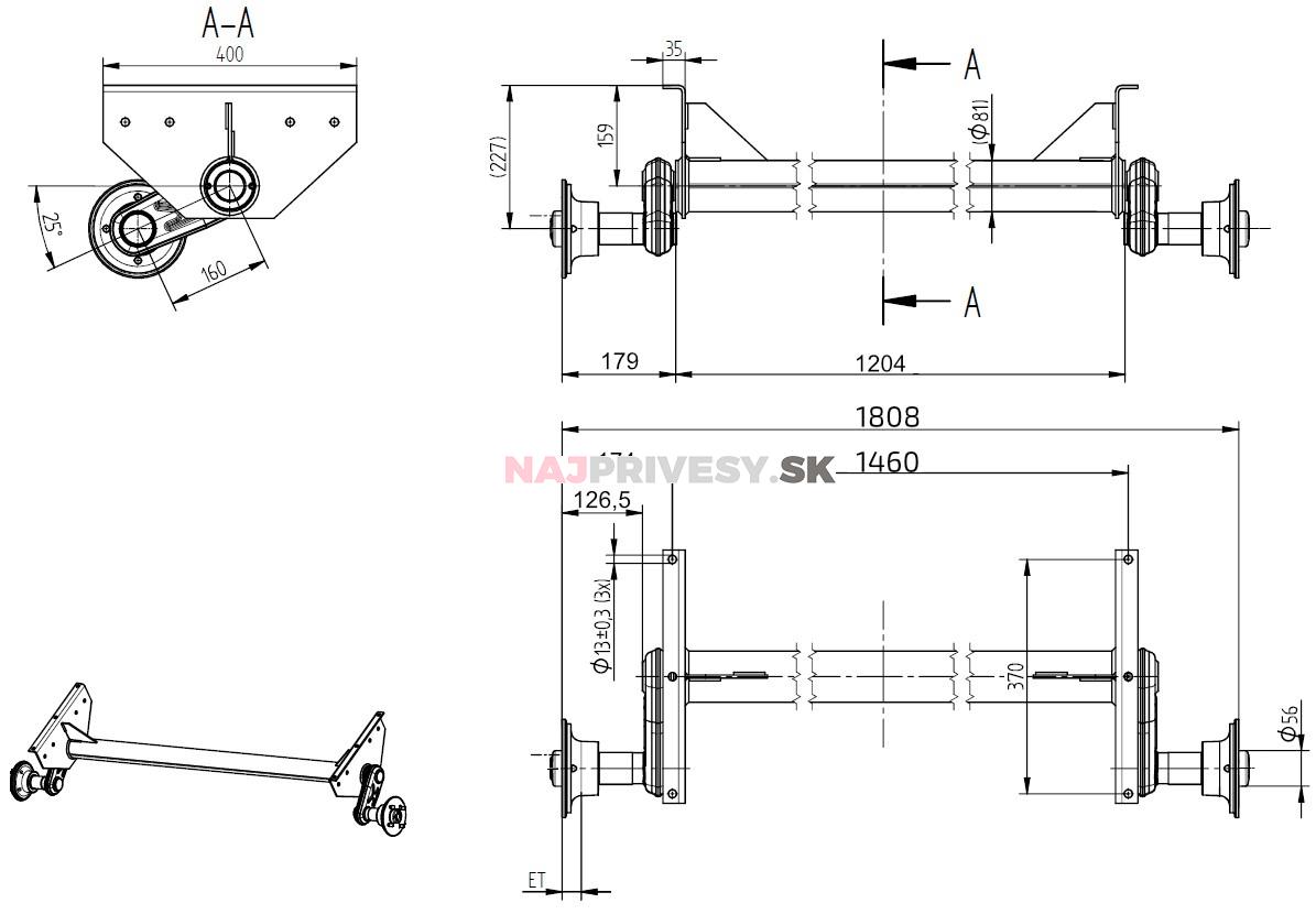 Náprava KNOTT G 13 (1300 kg) b=1460 mm, 100x4, vysoké pätky (Sacher)