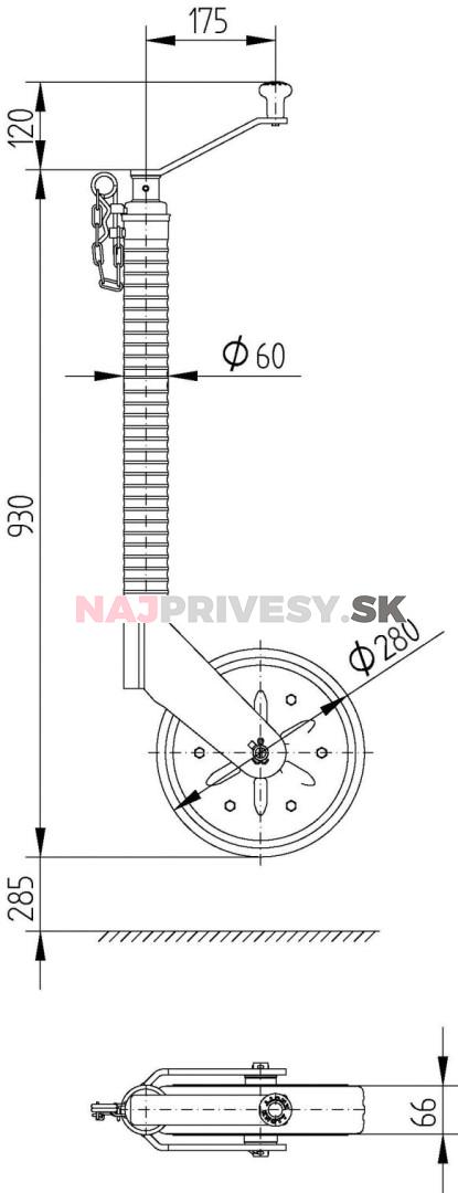 Koliesko oporné drážkované s poistkou KNOTT 60 280x66 385 kg