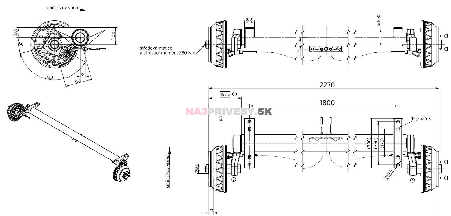 Náprava KNOTT GB 18 (1800 kg) b = 1800 mm 250x40 (112x5), zosilnená, 20st.