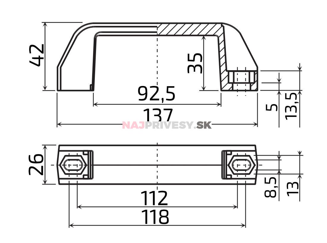 Madlo plastové 137 mm bez krytiek skrutiek, čierne