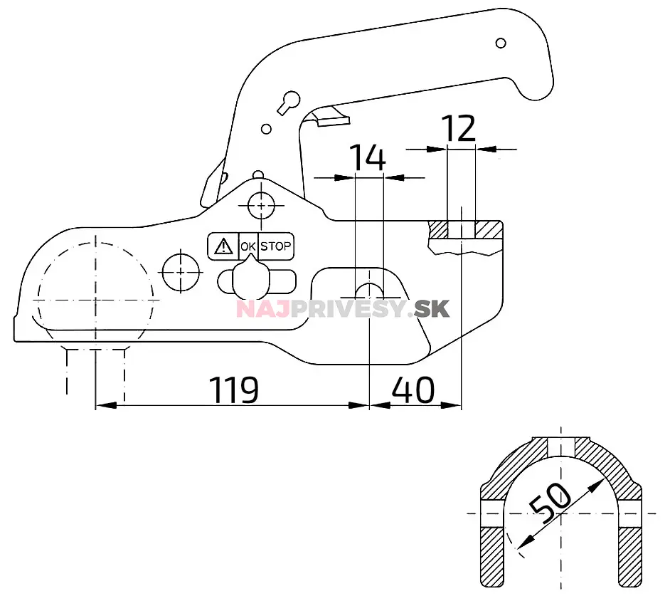 Ťažná spojka WW 350 R-B pr. 50 mm, 3500 kg, vrt. 12,5 mm vrchný otvor, 14,5 mm bočný otvor