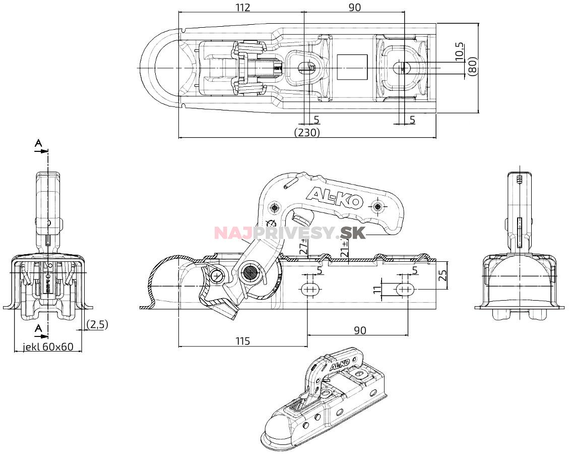 Ťažná spojka AL-KO, AK 7 Plus E, 60x60mm, vŕtanie 10,5mm