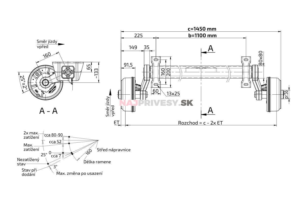 Náprava KNOTT VGB 13 (1350 kg) b=1000 mm, c=1450 mm, 200x50, 112x5