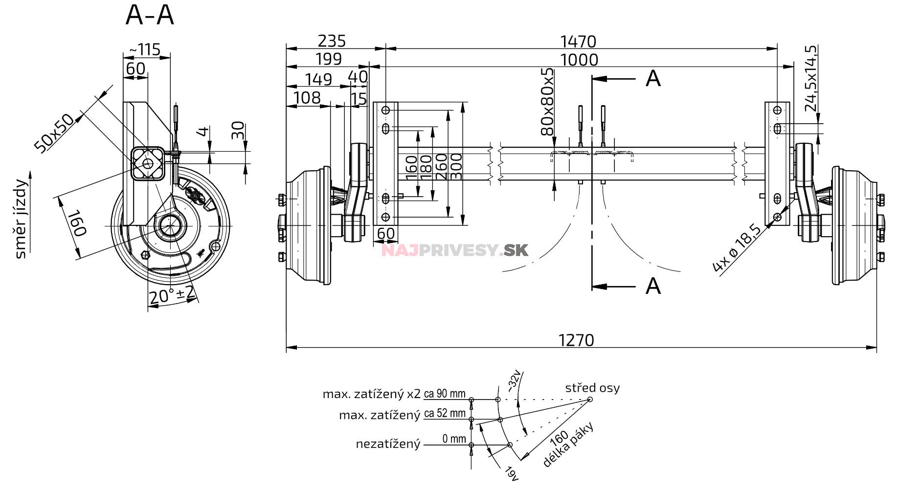 Náprava KNOTT VGB 18 (1800 kg) b=1000 mm, c=1470 mm, 250x40, 112x5