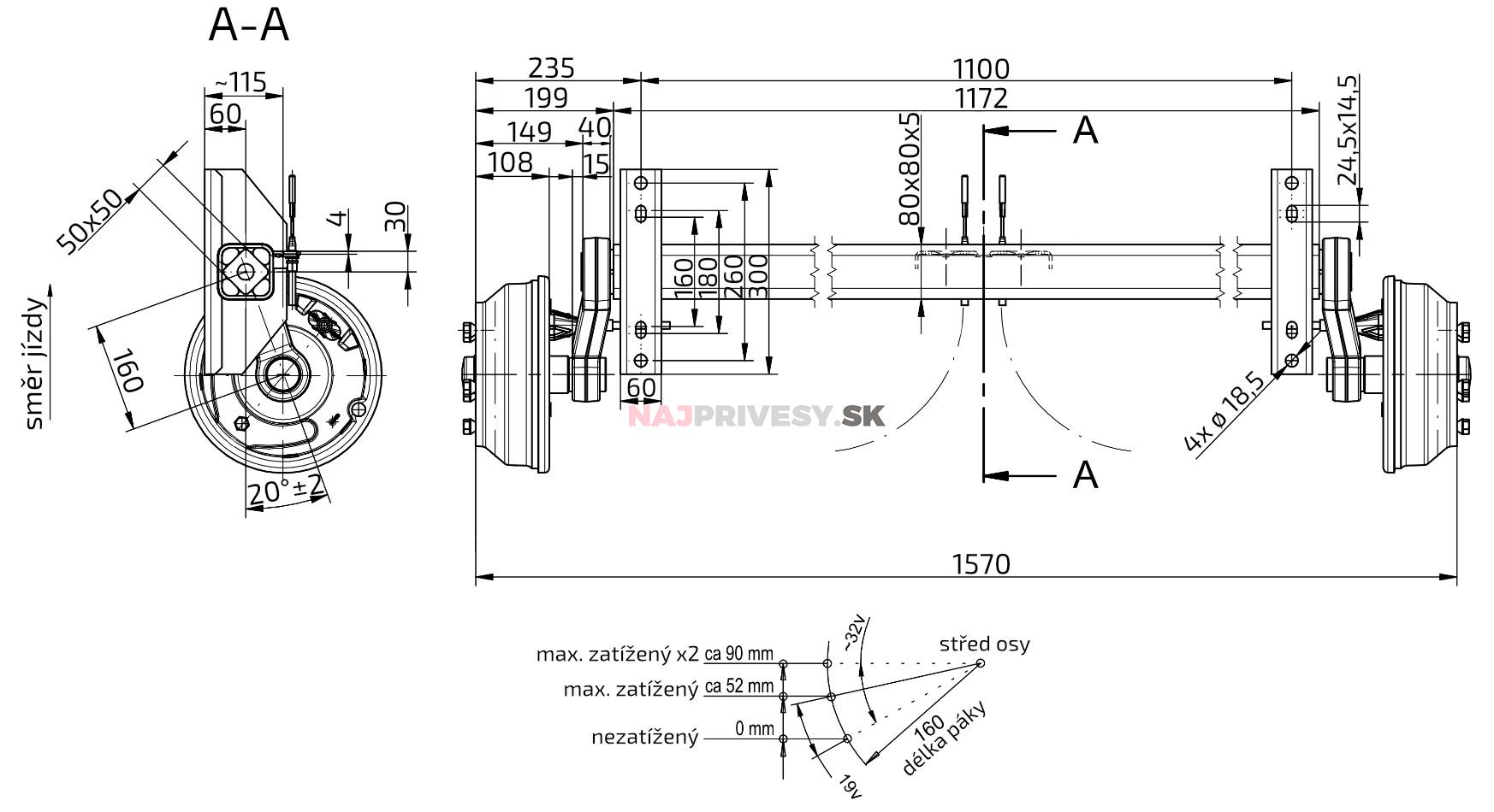 Náprava KNOTT VGB 18 (1800 kg) b=1100 mm, c=1570 mm, 250x40, 112x5