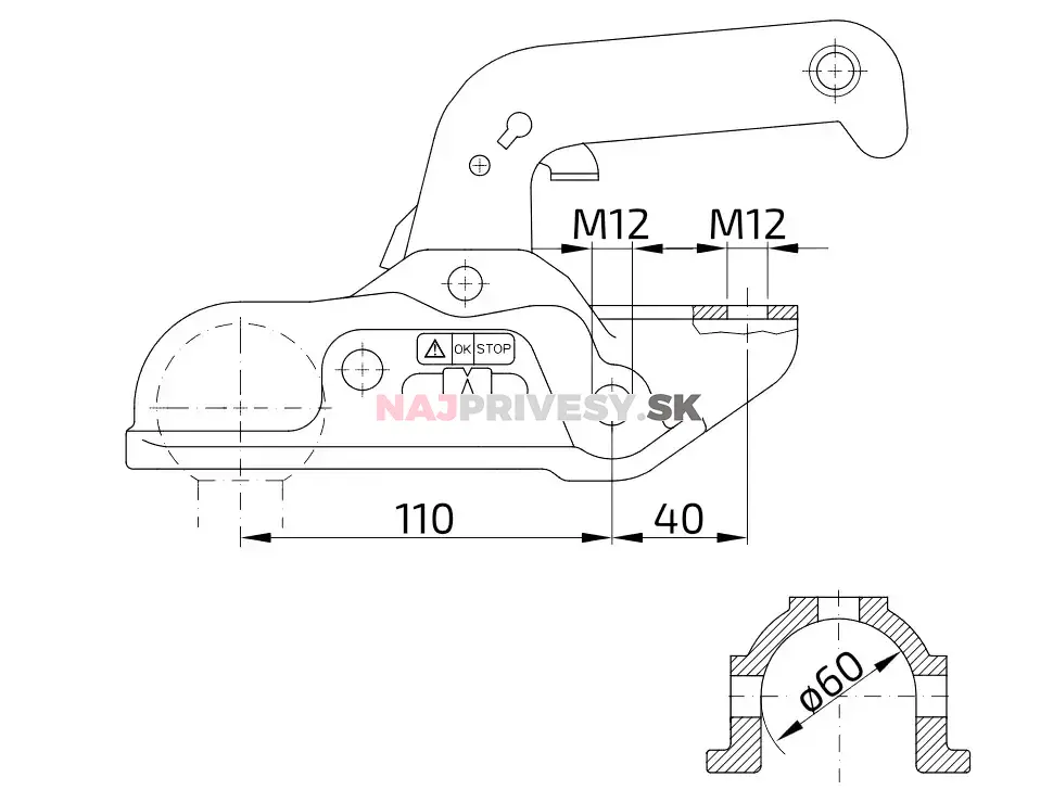 Ťažná spojka WW 30-D6 pr. 60 mm, 3000 kg, vrt. 12,5 mm