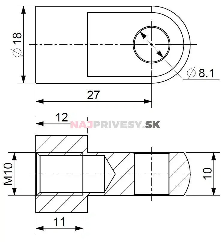 Oko k plynovej vzpere BM, priemer. 8,5mm, c=27mm, pre závit M10, oceľ