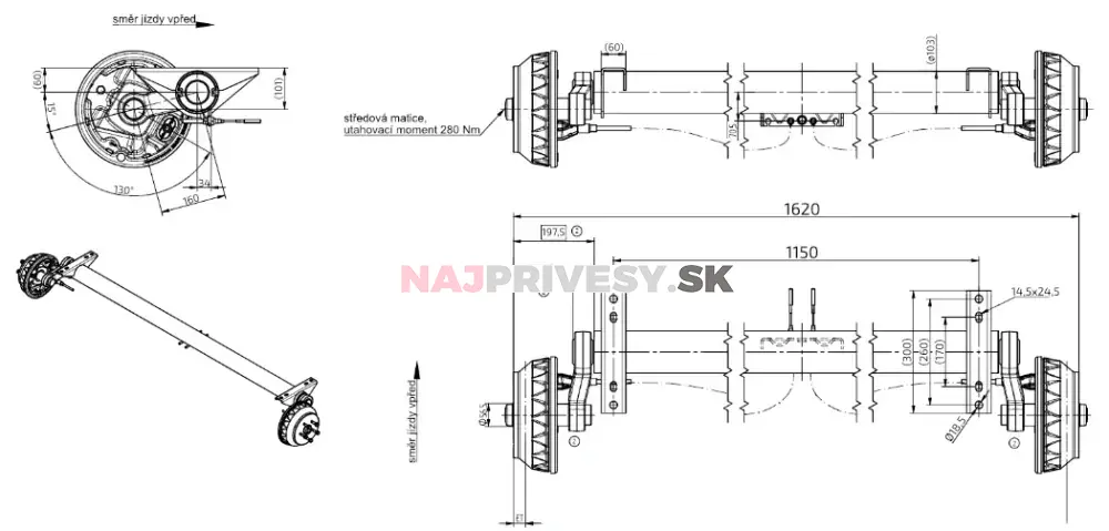 Náprava KNOTT GB 18 (1800 kg) b=1150 mm, c=1620 mm, 250x40, 112x5