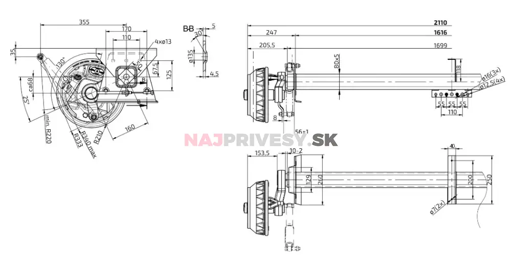 Náprava KNOTT VGB 18 (1800 kg) b=1616 mm, c=2110 mm, 250x40, 112x5