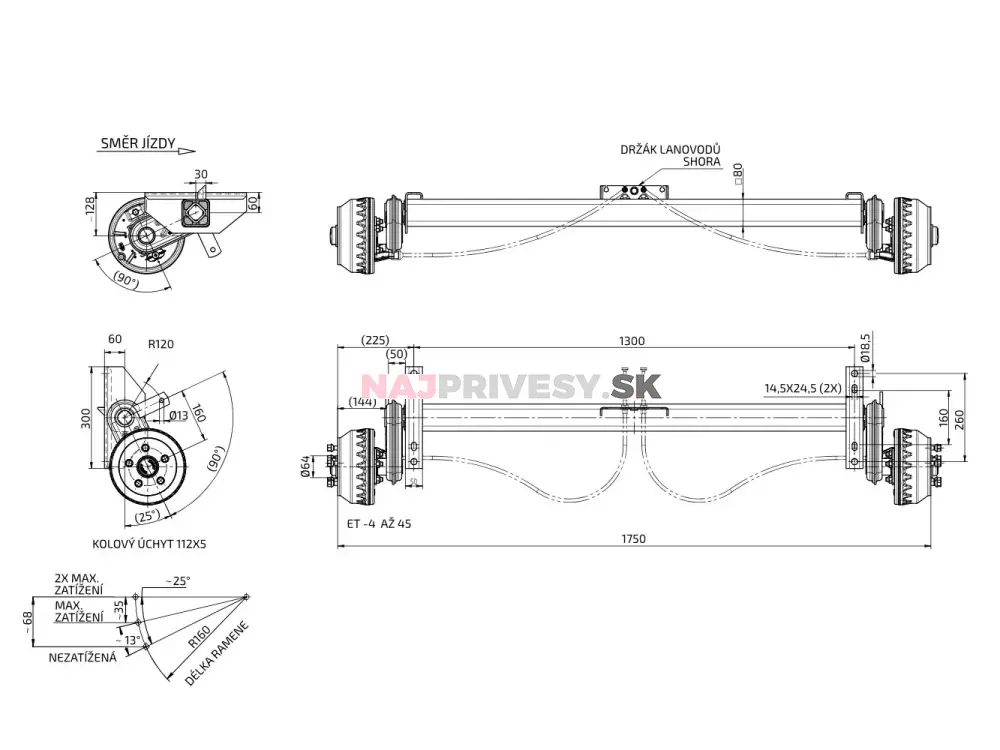 Náprava KNOTT VGB 15 (1500 kg) b = 1300 mm, c = 1750 mm, 200x50, 112x5, horný držiak lán.