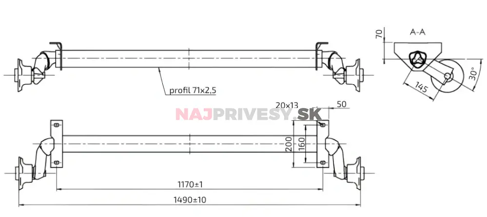 Náprava AL-KO UBR 700-5 (750 kg) a = 1170 mm, c = 1490 mm, 100x4, pätky 70