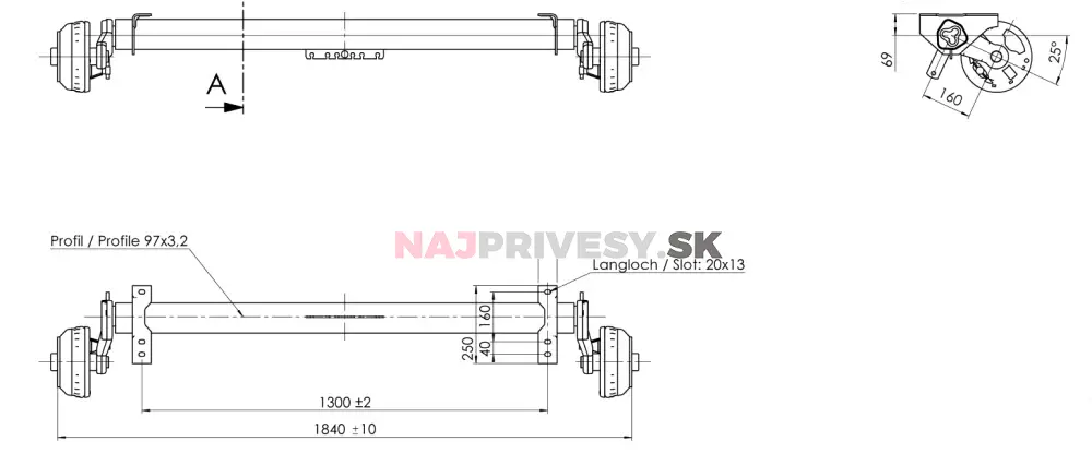 Náprava AL-KO Compact B 1200-6 (1350 kg) a= 1300 mm, c=1840mm 112x5, Pongratz LH/PHL