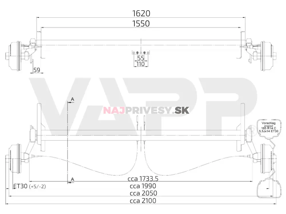 Náprava AL-KO CB 1355 (1350kg), a = 1550 mm, c = 2050 mm (náhrada BPW pre Adria)