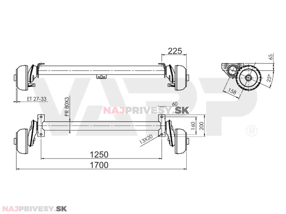 Náprava AL-KO Compact B 850-10 (1000 kg) a = 1250 mm, c = 1700 mm, 2051, 100x4
